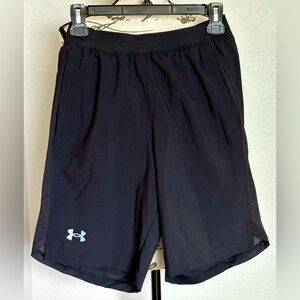 Men's Black Under Armour Launch Shorts 9" Inseam Built-in Brief Pockets New